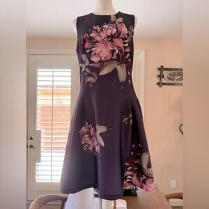 DKNY sleeveless artsy fit & flare, pocket, purple pink floral print Size 10 NWT